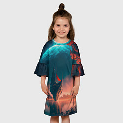 Платье клеш для девочки Абстрактный летающий корабль и луна, цвет: 3D-принт — фото 2
