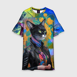 Платье клеш для девочки Модная кошечка в кожаной куртке - нейросеть, цвет: 3D-принт