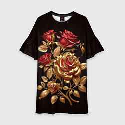 Платье клеш для девочки Красные и золотые розы, цвет: 3D-принт