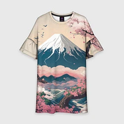 Платье клеш для девочки Японский пейзаж: цветение сакуры у горы Фудзияма, цвет: 3D-принт