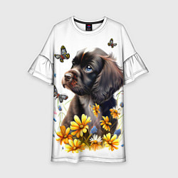 Платье клеш для девочки Черный щенок и жёлтые полевые цветы, цвет: 3D-принт