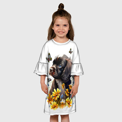 Детское платье Черный щенок и жёлтые полевые цветы / 3D-принт – фото 3