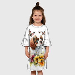 Платье клеш для девочки Милый щенок на цветущем лугу, цвет: 3D-принт — фото 2
