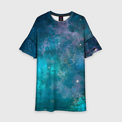 Платье клеш для девочки Абстрактный светло-синий космос и звёзды, цвет: 3D-принт