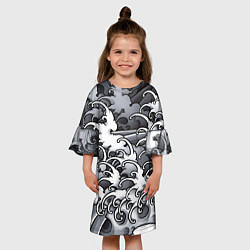 Платье клеш для девочки Иредзуми: Черно-белые волны, цвет: 3D-принт — фото 2