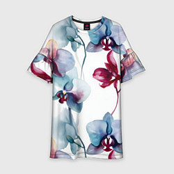 Платье клеш для девочки Голубая орхидея акварель - паттерн, цвет: 3D-принт