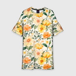 Платье клеш для девочки Желтые и розовые хризантемы и пионы на светлом фон, цвет: 3D-принт