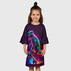 Платье клеш для девочки Тиранозавр в кроссовках на скейте - неон, цвет: 3D-принт — фото 2