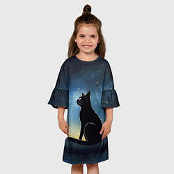 Платье клеш для девочки Черный кот и звезды - акварель, цвет: 3D-принт — фото 2