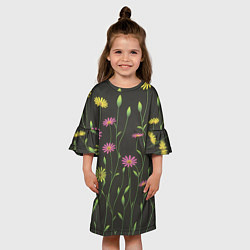 Платье клеш для девочки Полевые цветочки на темном фоне, цвет: 3D-принт — фото 2