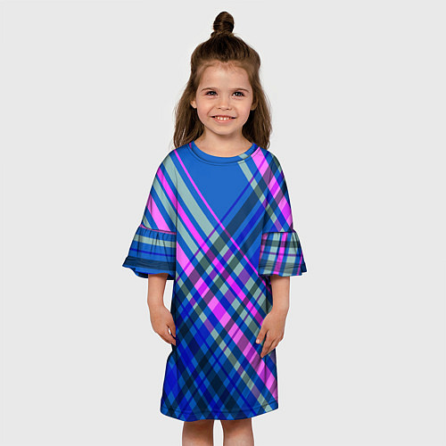 Детское платье Синий ассиметричный узор с розовыми косыми полосам / 3D-принт – фото 3
