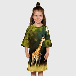 Платье клеш для девочки Жираф на фоне деревьев, цвет: 3D-принт — фото 2
