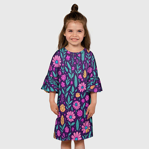 Детское платье Цветочный паттерн розовые ромашки / 3D-принт – фото 3