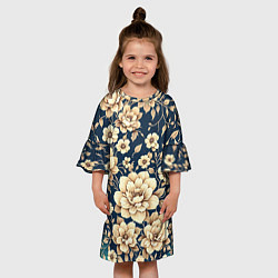 Платье клеш для девочки Золотые цветы узор, цвет: 3D-принт — фото 2