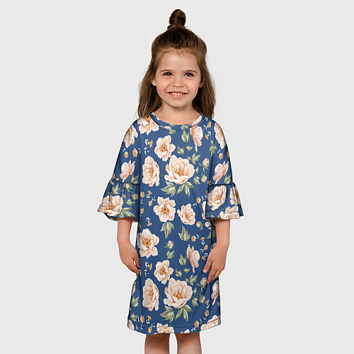 Детское платье Розовые пионы на синем фоне / 3D-принт – фото 3
