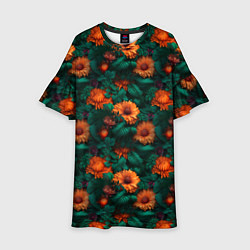 Платье клеш для девочки Оранжевые цветы и зеленые листья, цвет: 3D-принт