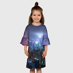 Платье клеш для девочки Большой город в розово-голубых огнях, цвет: 3D-принт — фото 2