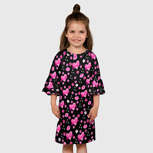 Детское платье Черный фон, барби и цветы / 3D-принт – фото 3