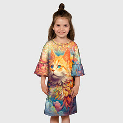 Платье клеш для девочки Рыжий кот в цветных облаках, цвет: 3D-принт — фото 2