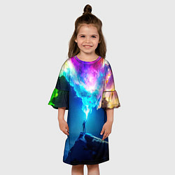 Платье клеш для девочки Цветной космос и горы, цвет: 3D-принт — фото 2