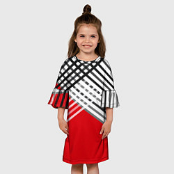 Платье клеш для девочки Косые черно-белые полосы на красном, цвет: 3D-принт — фото 2