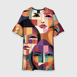 Платье клеш для девочки Геометрические портреты девушек, цвет: 3D-принт