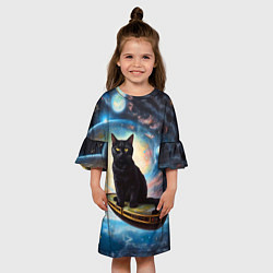 Платье клеш для девочки Черный кот на космическом корабле летящий в космос, цвет: 3D-принт — фото 2