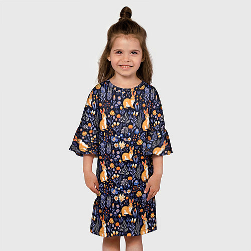 Детское платье Оранжевые зайчики в траве на синем фоне / 3D-принт – фото 3