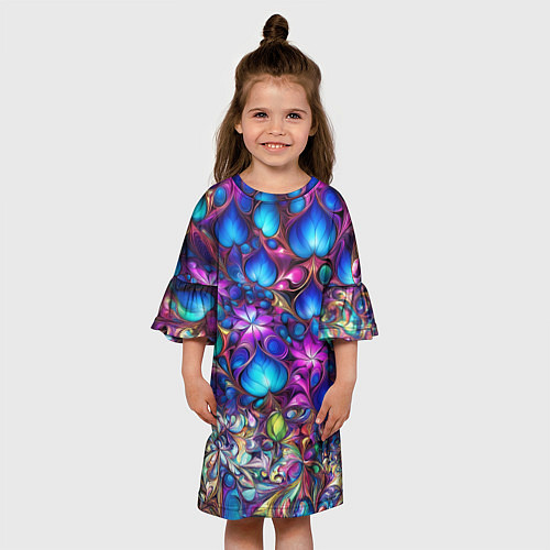 Детское платье Абстракция синие листья и фиолетовый цветы / 3D-принт – фото 3