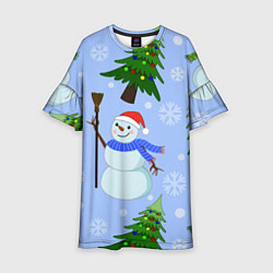 Платье клеш для девочки Снеговики с новогодними елками паттерн, цвет: 3D-принт