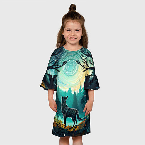 Детское платье Волк в ночном лесу фолк-арт / 3D-принт – фото 3