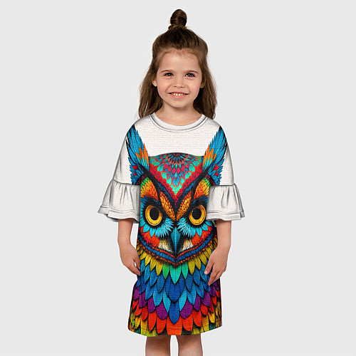 Детское платье Сова желтоглазая с разноцветными перьями / 3D-принт – фото 3