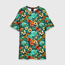 Платье клеш для девочки Бабочки в цветах паттерн, цвет: 3D-принт