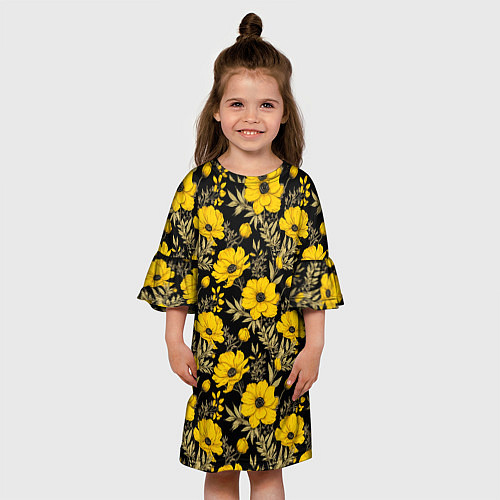Детское платье Желтые цветы на черном фоне паттерн / 3D-принт – фото 3