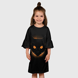 Платье клеш для девочки Портрет черного кота в оранжевом свечении, цвет: 3D-принт — фото 2