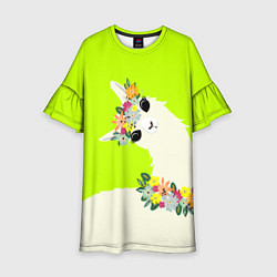 Платье клеш для девочки Летняя лама - альпака в венке, цвет: 3D-принт