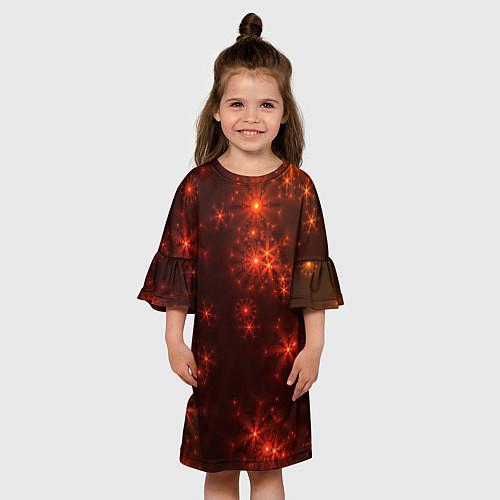 Детское платье Абстрактные светящиеся красно оранжевые снежинки / 3D-принт – фото 3