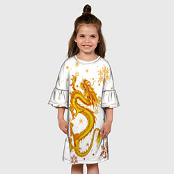 Платье клеш для девочки Золотой дракон в снежинках, цвет: 3D-принт — фото 2