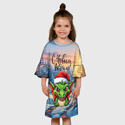 Детское платье Милый зеленый дракончик 2024 / 3D-принт – фото 3