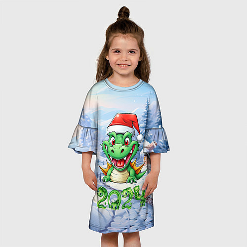 Детское платье Милый зеленый дракончик 2024 год / 3D-принт – фото 3