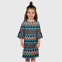 Платье клеш для девочки Орнамент икат синий оранжевый, цвет: 3D-принт — фото 2