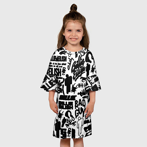 Детское платье Билли Айлиш автографы черно белый / 3D-принт – фото 3