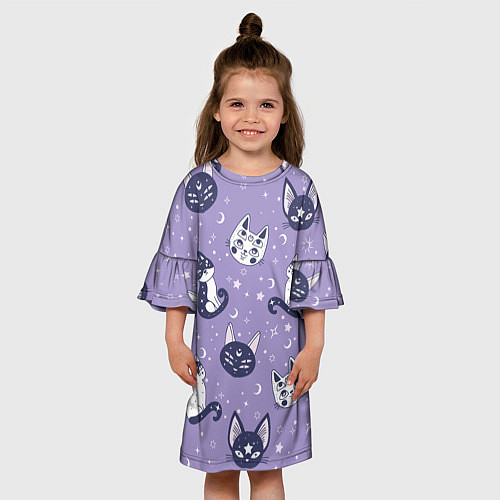 Детское платье Мистические кошечки - паттерн фиолетовый / 3D-принт – фото 3