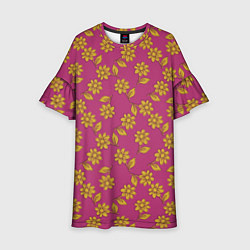 Платье клеш для девочки Желтые цветы на розовом - паттерн, цвет: 3D-принт