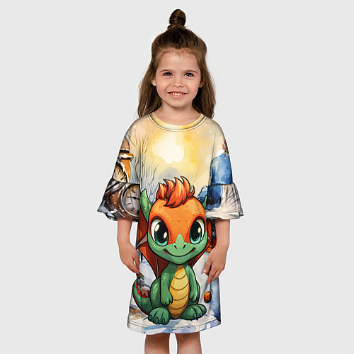 Детское платье Зелено-оранжевый дракон / 3D-принт – фото 3