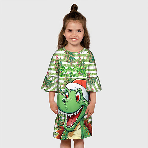 Детское платье Зеленый радостный дракон новогодний / 3D-принт – фото 3