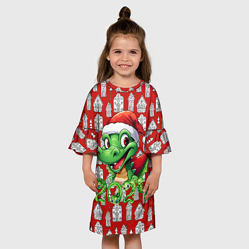 Детское платье Зеленый дракон на рождественском фоне / 3D-принт – фото 3