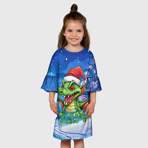 Детское платье Зеленый дракон в зимнем парке / 3D-принт – фото 3