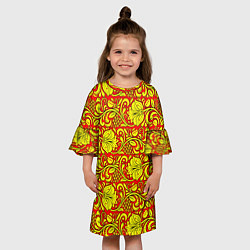 Платье клеш для девочки Хохломская роспись золотистые цветы и ягоды на кра, цвет: 3D-принт — фото 2