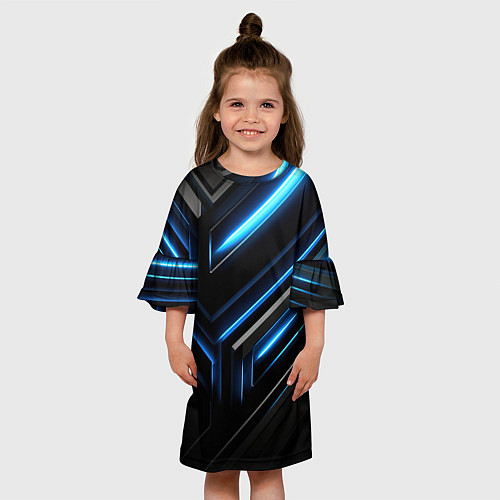 Детское платье Черный абстрактный фон и синие неоновые вставки / 3D-принт – фото 3